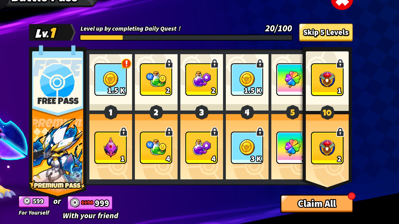 Evomon battle pass reward track with free and premium rewards