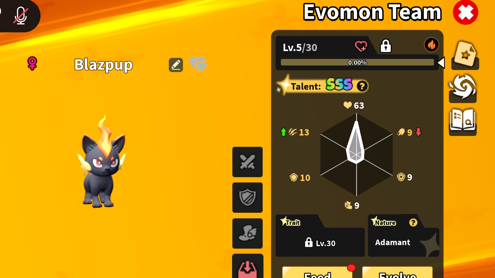 Evomon team screen showing Blazpup stats, SSS talent, and Adamant nature