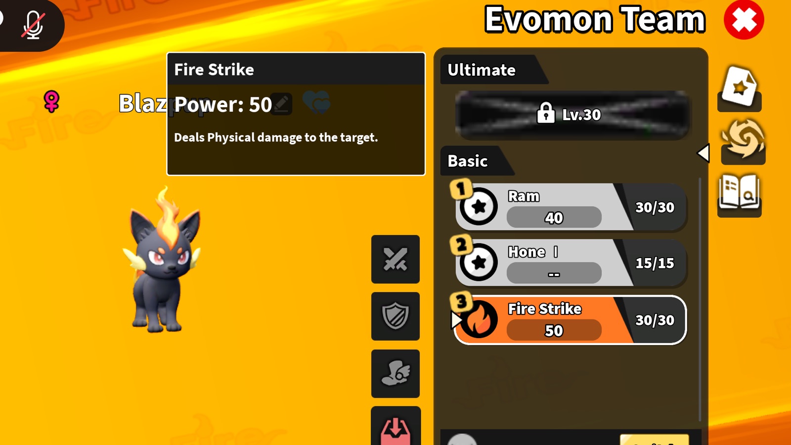 Evomon skill screen showing Fire Strike power and basic skills