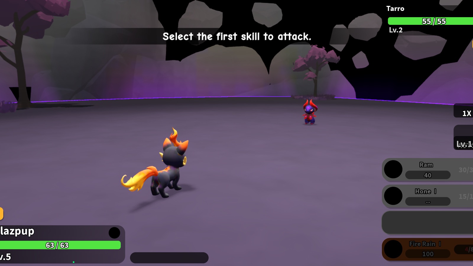 Evomon battle screen showing Blazpup skill choices against Tarro